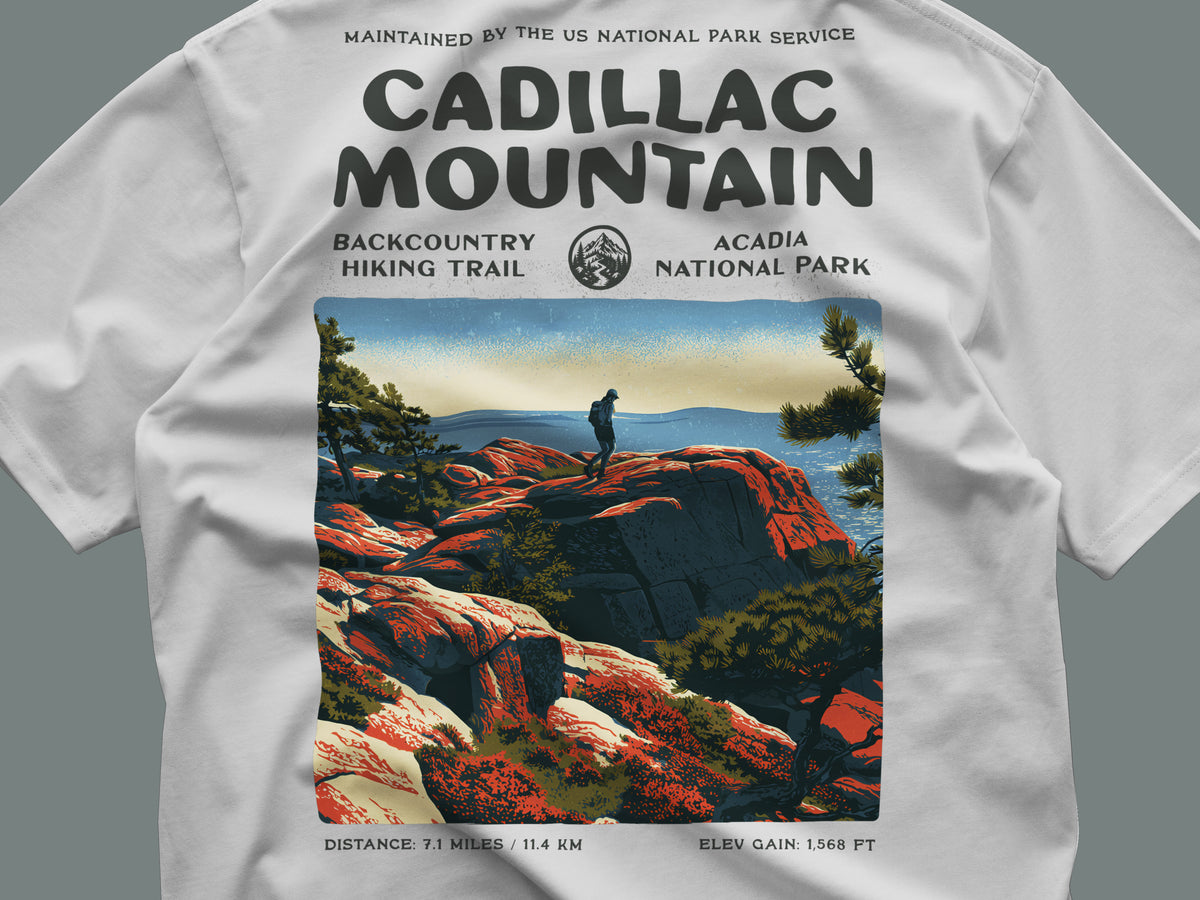 Cadillac Mountain South Ridge Hiking T-Shirt | Hiker Gift | Acadia Trail Tee — close-up of the left-chest pocket print