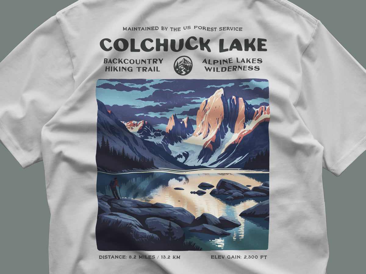Colchuck Lake Hiking T-Shirt | Hiker Gift | Alpine Lakes Wilderness Tee — close-up of the left-chest pocket print