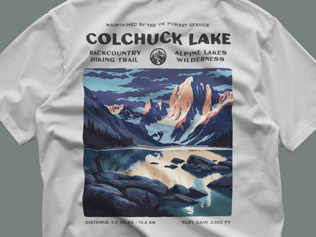 Colchuck Lake Hiking T-Shirt | Hiker Gift | Alpine Lakes Wilderness Tee — close-up of the left-chest pocket print