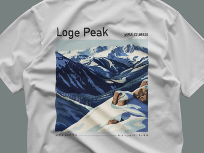 Loge Peak Ski T-Shirt | Aspen Mountain Art Tee — close-up of the left-chest pocket print
