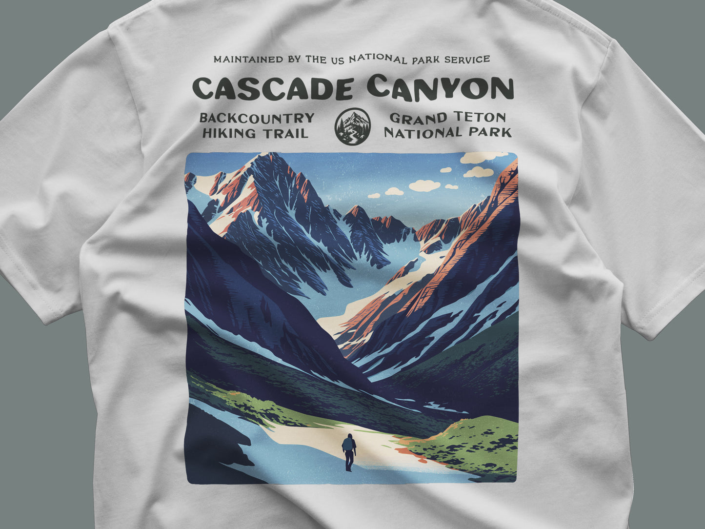 Cascade Canyon Hiking T-Shirt | Hiker Gift | Grand Teton Trail Tee — close-up of the left-chest pocket print
