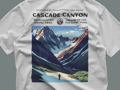 Cascade Canyon Hiking T-Shirt | Hiker Gift | Grand Teton Trail Tee — close-up of the left-chest pocket print