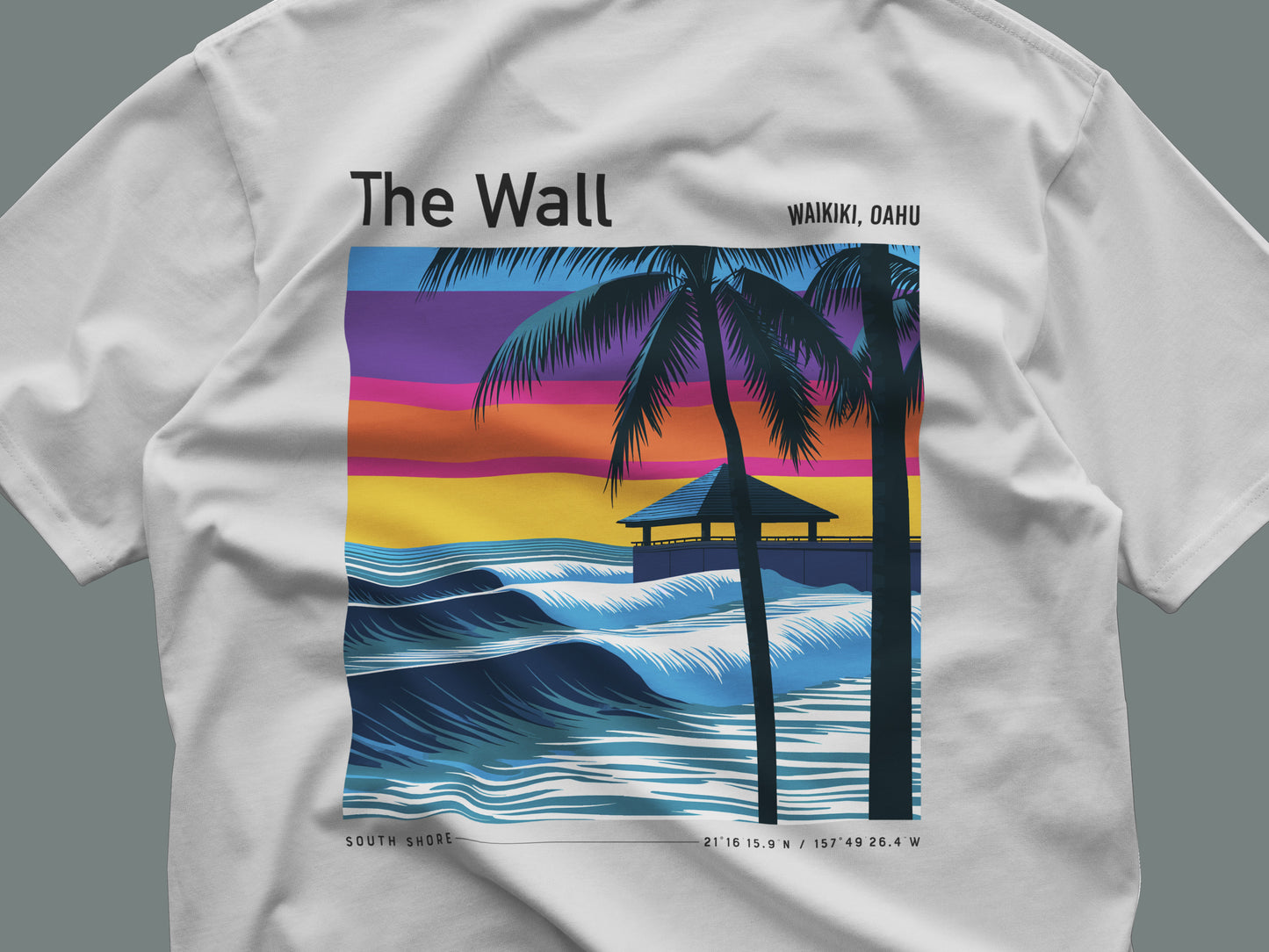 The Wall, Hawaii Surf T-Shirt | Raw Power, Island Soul — close-up of the left-chest pocket print