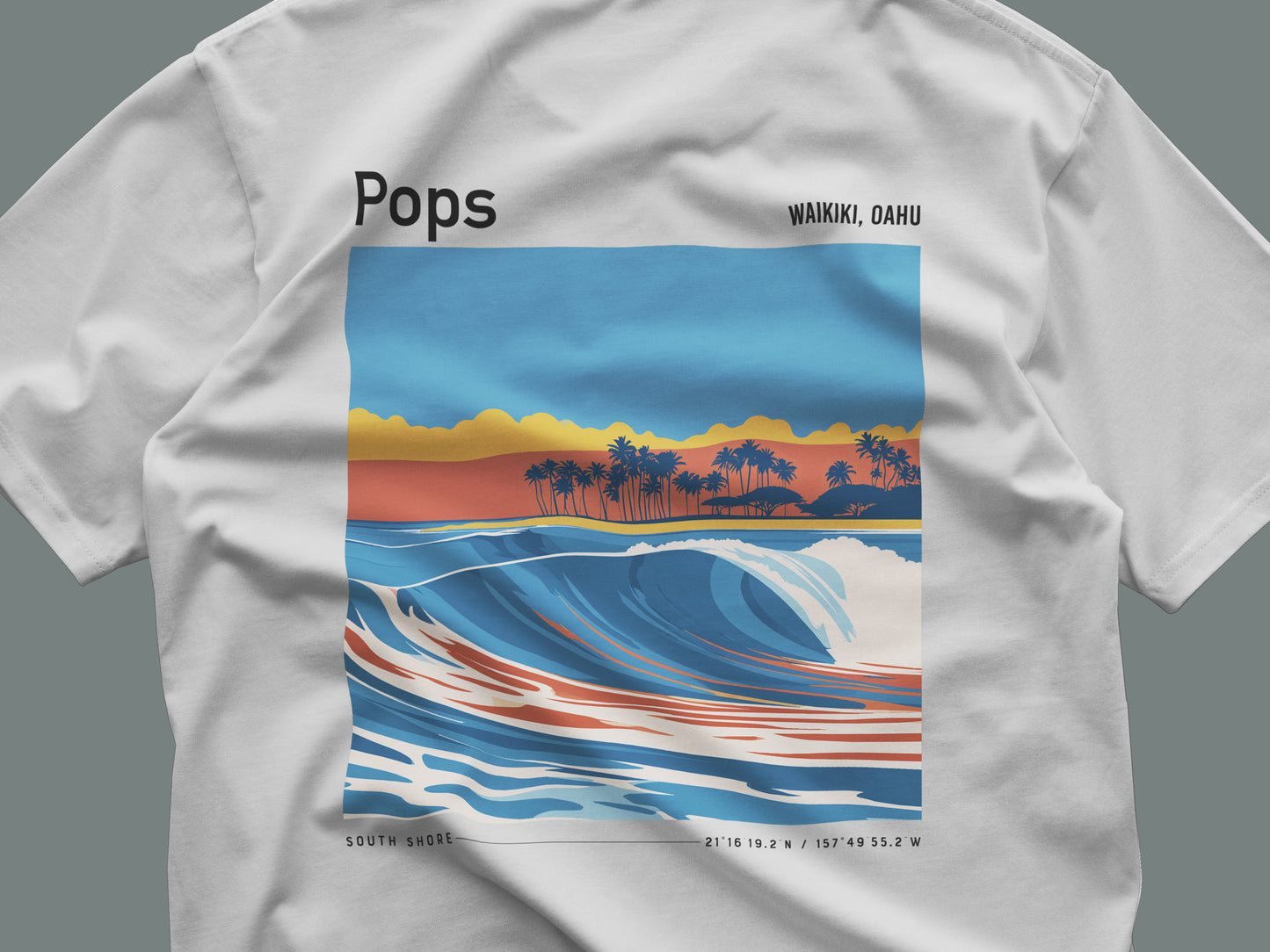 Populars, Hawaii Surf T-Shirt | Warm Walls, Island Soul — close-up of the left-chest pocket print
