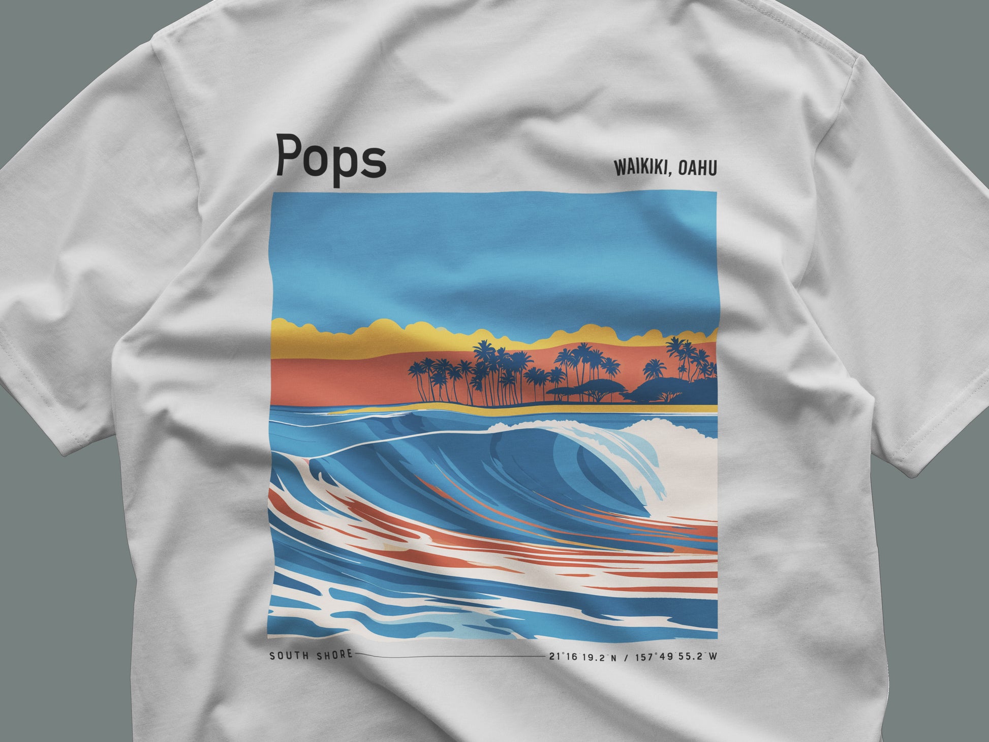 Populars, Hawaii Surf T-Shirt | Warm Walls, Island Soul — close-up of the left-chest pocket print