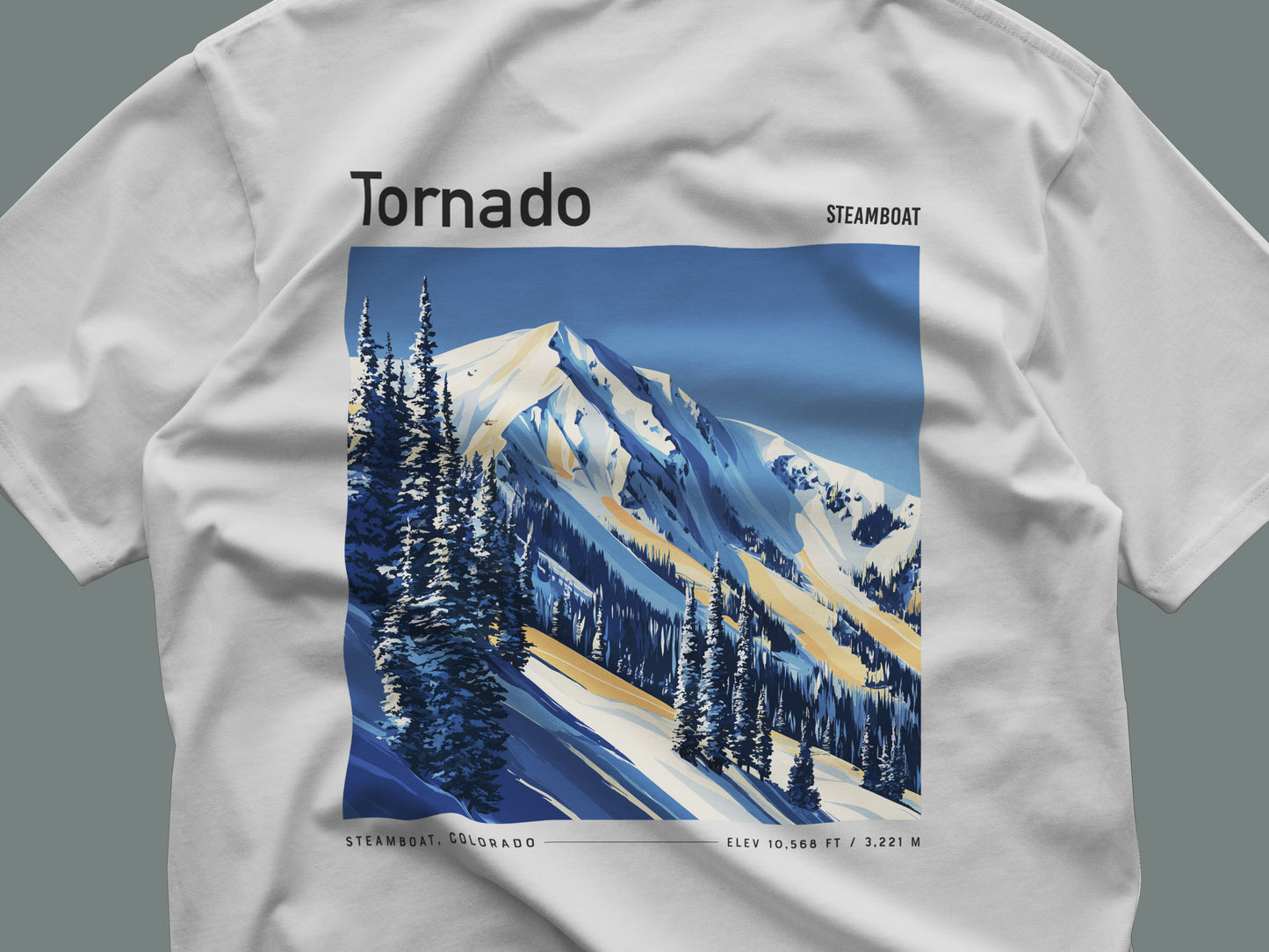 Tornado Steamboat Ski T-Shirt | Steamboat Springs Mountain Art Tee — close-up of the left-chest pocket print