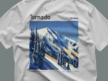Tornado Steamboat Ski T-Shirt | Steamboat Springs Mountain Art Tee — close-up of the left-chest pocket print