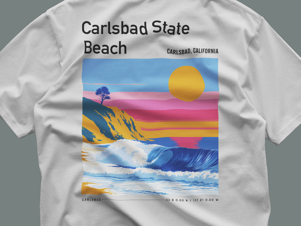 Carlsbad State Beach Surf T-Shirt | California Coast Wave Art — close-up of the left-chest pocket print