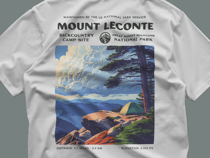 Mount LeConte Hiking T-Shirt | Hiker Gift | Smoky Mountains Trail Tee — close-up of the left-chest pocket print