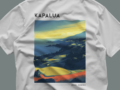 Kapalua Plantation Course Golf T-Shirt | Maui Fairways in Paradise — close-up of the left-chest pocket print