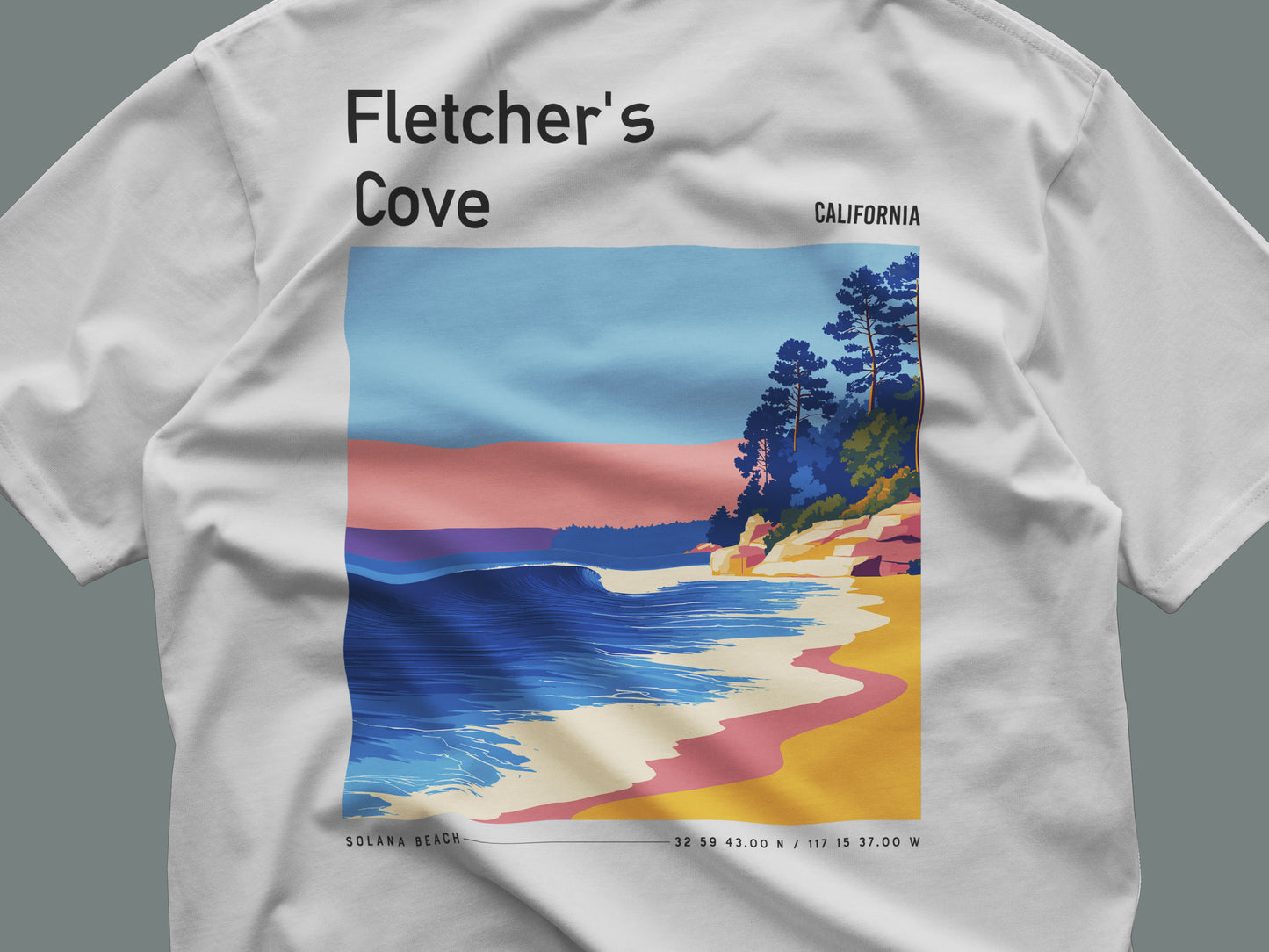 Fletcher's Cove Surf T-Shirt | Coastal Wave Art Tee — close-up of the left-chest pocket print