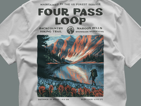 Four Pass Loop Hiking T-Shirt | Hiker Gift | Maroon Bells Wilderness Tee — close-up of the left-chest pocket print