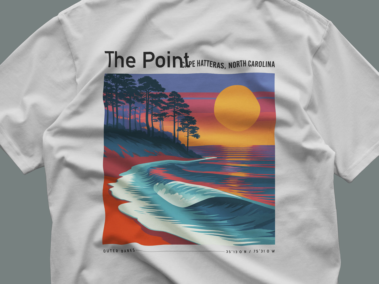 The Point, North Carolina Surf T-Shirt | Outer Banks Wave Art Tee — close-up of the left-chest pocket print