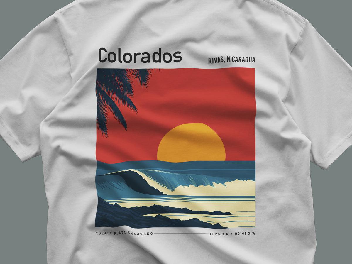 Playa Colorado Surf T-Shirt | Raw Nicaraguan Wave Art — close-up of the left-chest pocket print