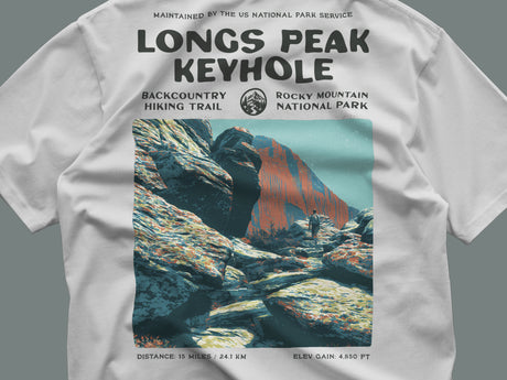 Longs Peak Keyhole Hiking T-Shirt | Hiker Gift | Rocky Mountain Trail Tee — close-up of the left-chest pocket print