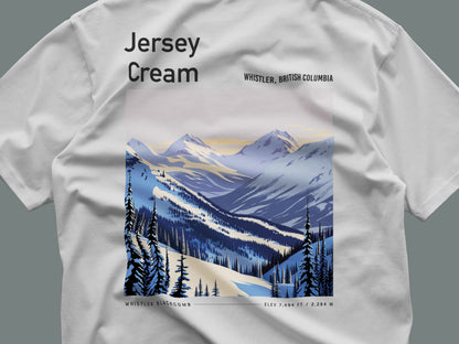 Jersey Cream Ski T-Shirt | Whistler Blackcomb Mountain Art Tee — close-up of the left-chest pocket print