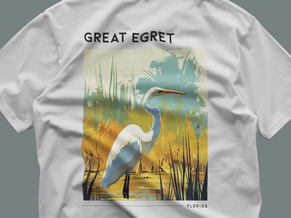 Florida Great Egret Travel T-Shirt | Coastal Wildlife Art Tee — close-up of the left-chest pocket print