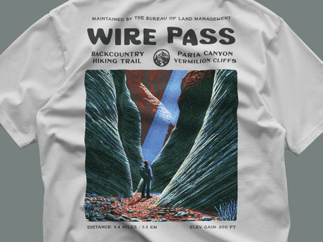 Wire Pass Hiking T-Shirt | Hiker Gift | Slot Canyon Trail Tee — close-up of the left-chest pocket print