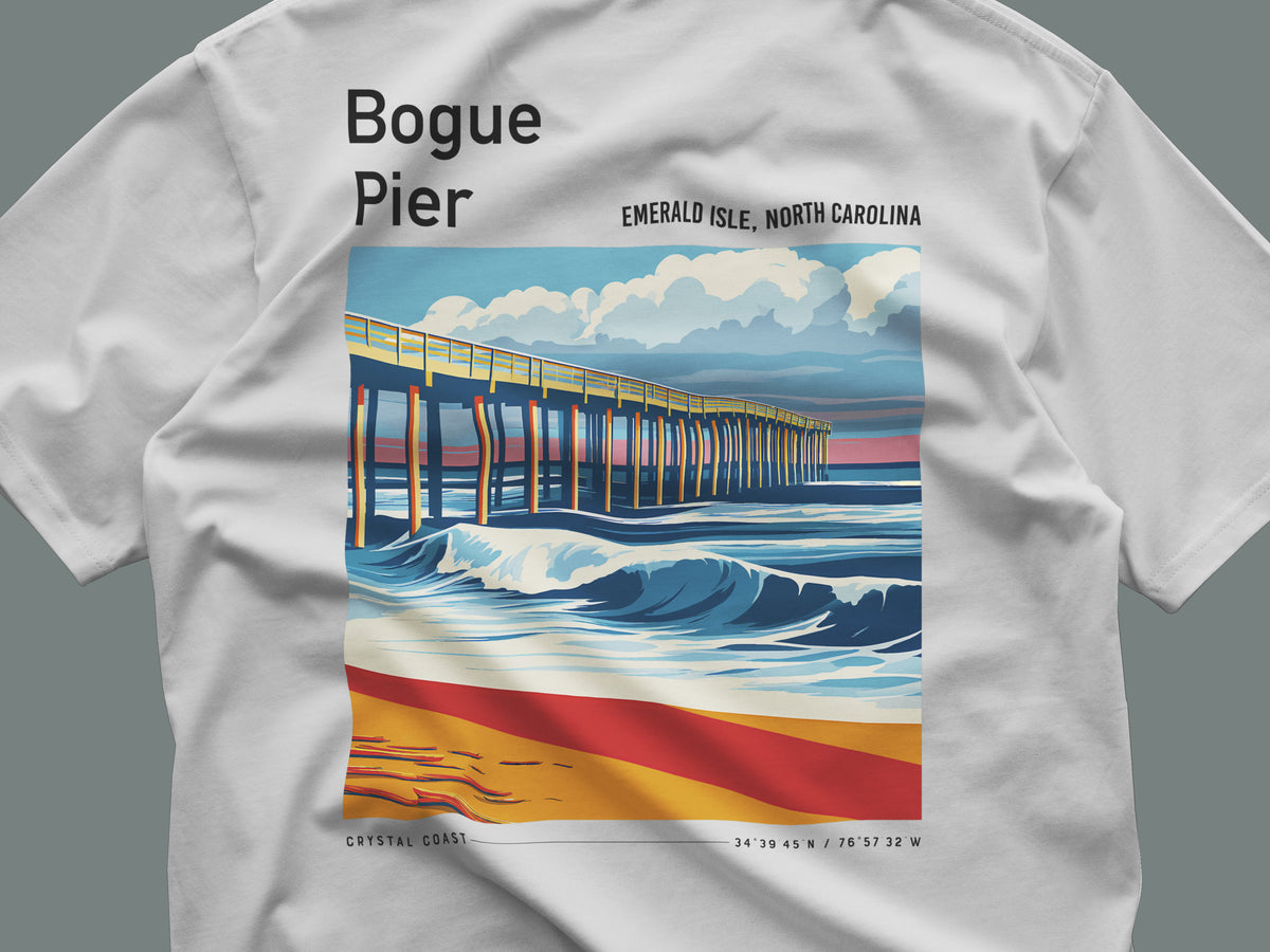 Bogue Pier Surf T-Shirt | Carolina Coast Wave Art Tee — close-up of the left-chest pocket print