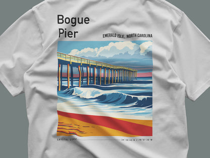 Bogue Pier Surf T-Shirt | Carolina Coast Wave Art Tee — close-up of the left-chest pocket print