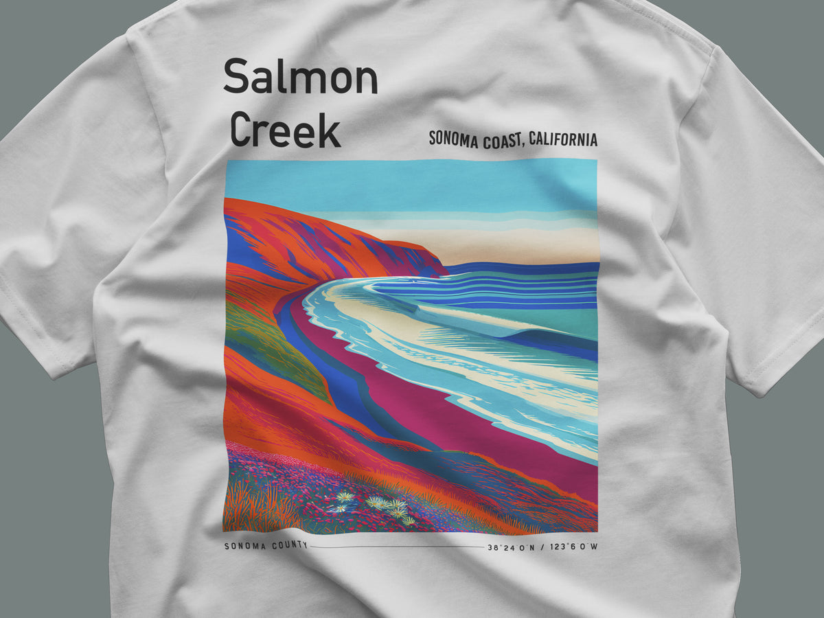 Salmon Creek Surf T-Shirt | Wild Sonoma Coast Wave Art — close-up of the left-chest pocket print