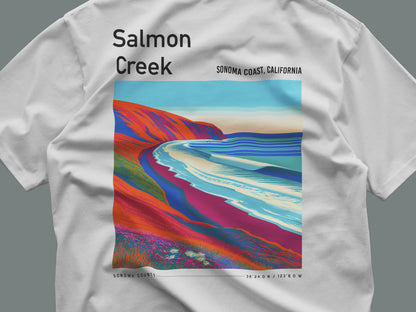 Salmon Creek Surf T-Shirt | Wild Sonoma Coast Wave Art — close-up of the left-chest pocket print