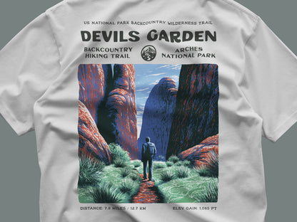 Devils Garden Hiking T-Shirt | Hiker Gift | Arches National Park Tee — close-up of the left-chest pocket print