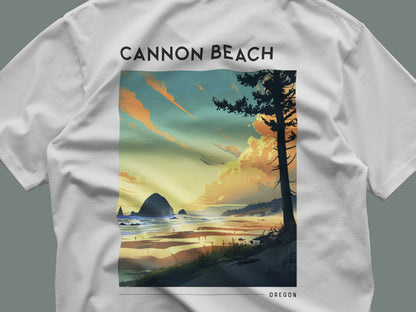 Cannon Beach Travel T-Shirt | Oregon Coast Iconic Haystack Rock — close-up of the left-chest pocket print