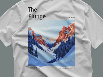 The Plunge Ski T-Shirt | Telluride Mountain Art Tee — close-up of the left-chest pocket print