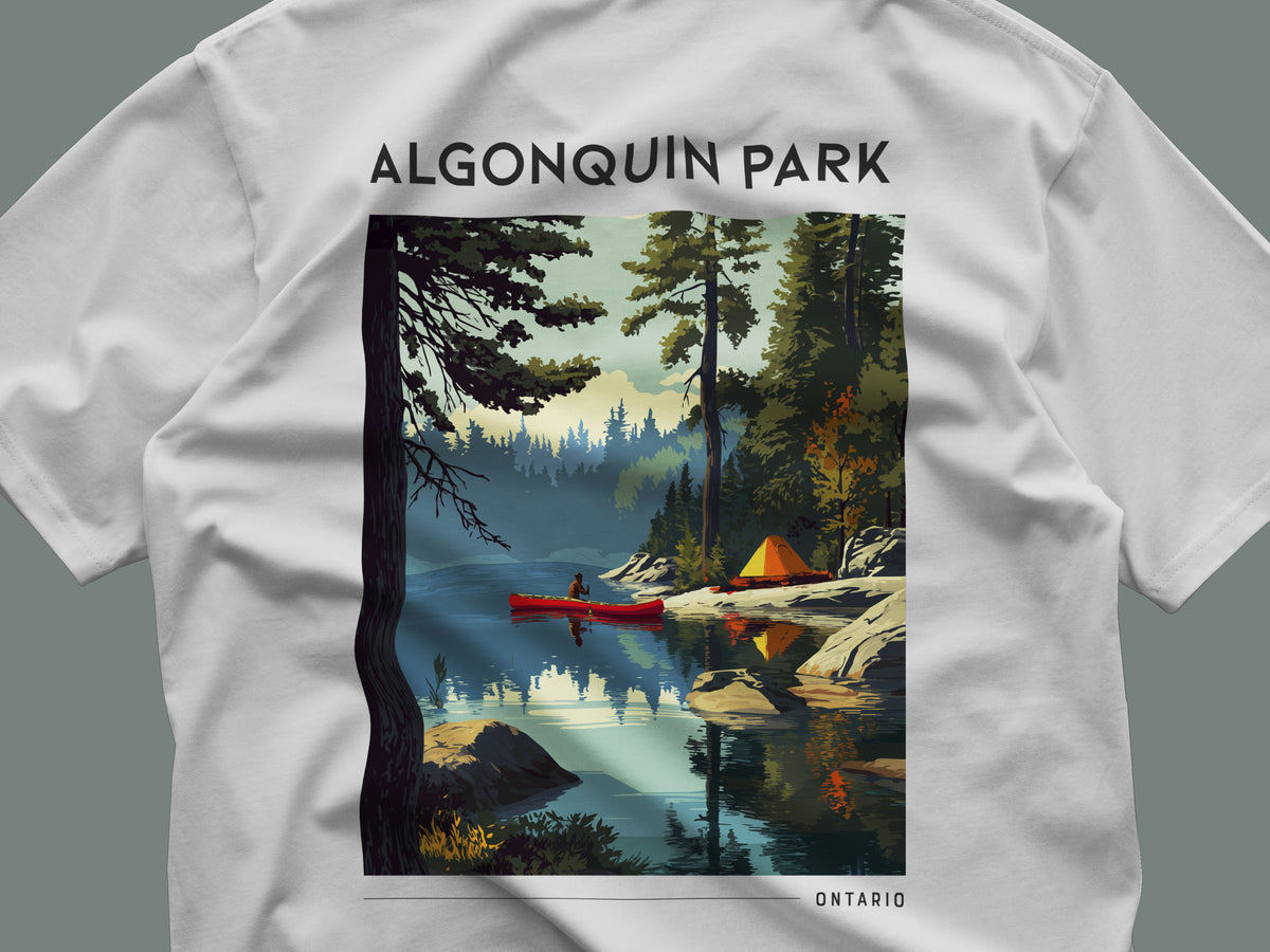 Algonquin Park Travel T-Shirt | Wild Ontario Wilderness Art Tee — close-up of the left-chest pocket print