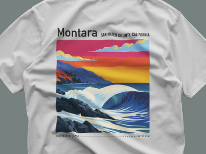 Montara Surf T-Shirt | Rugged California Coast Wave Tee — close-up of the left-chest pocket print
