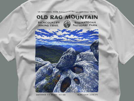 Old Rag Mountain Hiking T-Shirt | Hiker Gift | Shenandoah Trail Tee — close-up of the left-chest pocket print