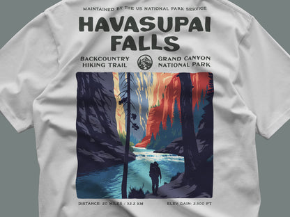 Havasupai Falls Hiking T-Shirt | Hiker Gift | Turquoise Canyon Trail Tee — close-up of the left-chest pocket print
