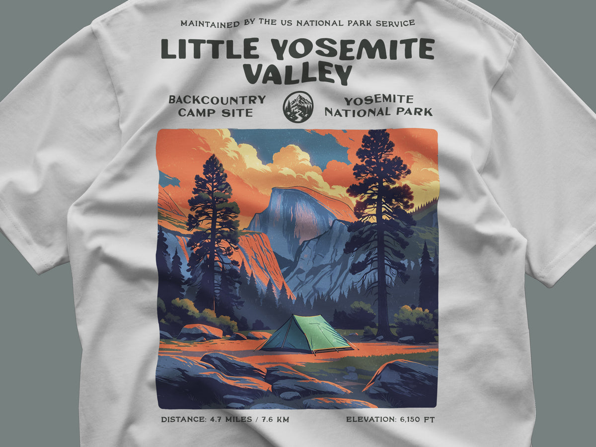 Little Yosemite Valley Hiking T-Shirt | Hiker Gift | High Sierra Trail Tee — close-up of the left-chest pocket print
