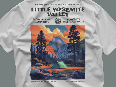 Little Yosemite Valley Hiking T-Shirt | Hiker Gift | High Sierra Trail Tee — close-up of the left-chest pocket print