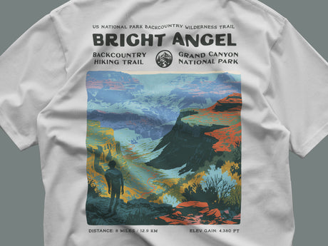 Bright Angel Hiking T-Shirt | Hiker Gift | Grand Canyon Trail Tee — close-up of the left-chest pocket print