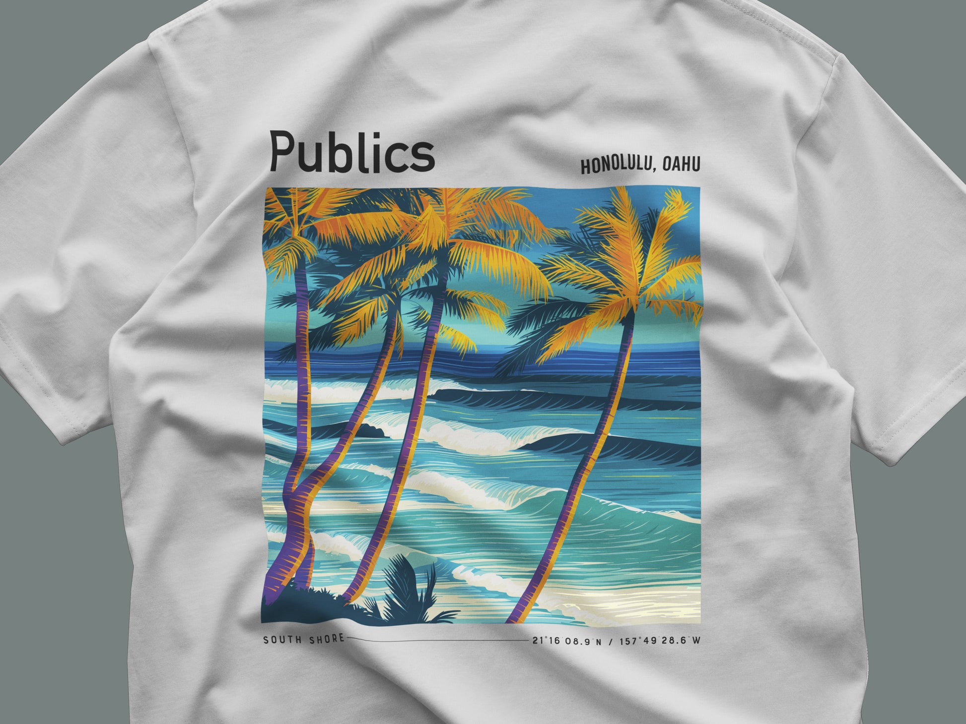 Publics, Hawaii Surf T-Shirt | Waikiki Wave Culture Tee — close-up of the left-chest pocket print