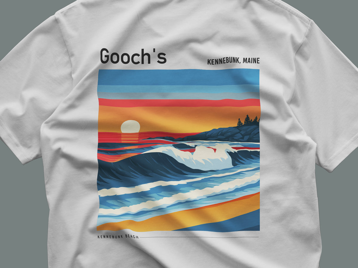 Gooch's Beach Surf T-Shirt | Maine Coast Wave Art Tee — close-up of the left-chest pocket print
