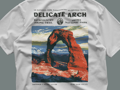 Delicate Arch Hiking T-Shirt | Hiker Gift | Red Rock Trail Tee — close-up of the left-chest pocket print
