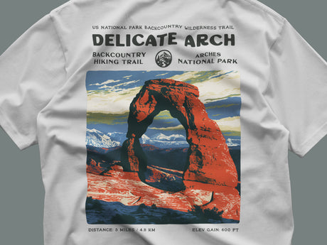 Delicate Arch Hiking T-Shirt | Hiker Gift | Red Rock Trail Tee — close-up of the left-chest pocket print