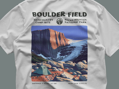 Boulder Field Hiking T-Shirt | Hiker Gift | Rocky Mountain Trail Tee — close-up of the left-chest pocket print