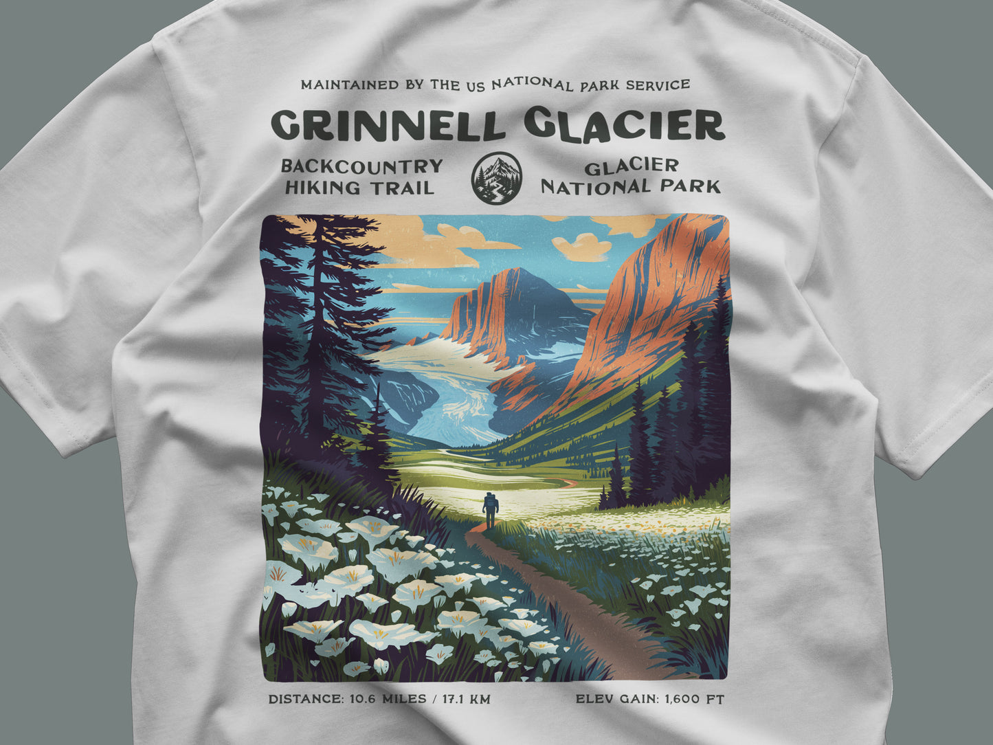 Grinnell Glacier Hiking T-Shirt | Hiker Gift | Glacier National Park Trail Tee — close-up of the left-chest pocket print