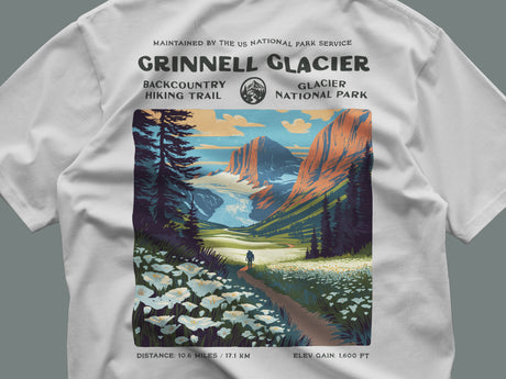 Grinnell Glacier Hiking T-Shirt | Hiker Gift | Glacier National Park Trail Tee — close-up of the left-chest pocket print