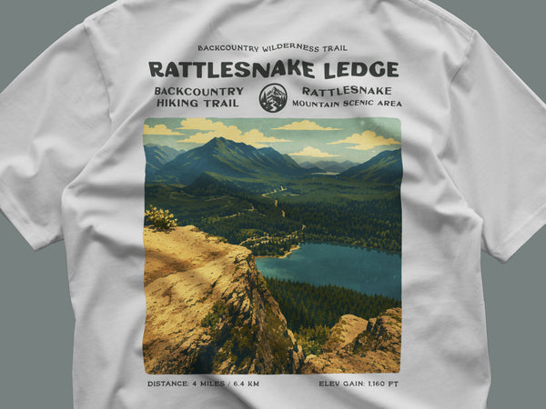 Rattlesnake Ledge Hiking T-Shirt | Hiker Gift | North Bend Trail Tee — close-up of the left-chest pocket print