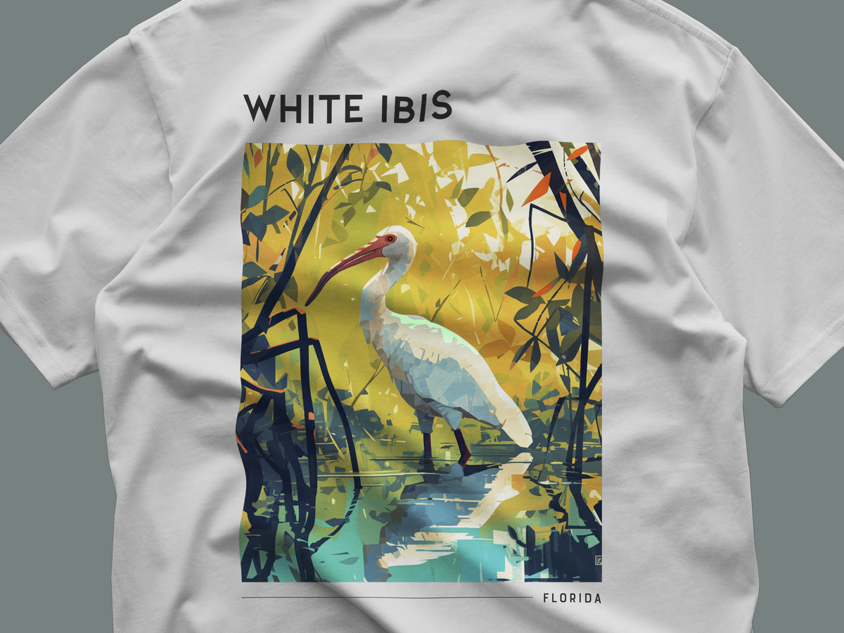 White Ibis Florida Travel T-Shirt | Coastal Bird Art Tee — close-up of the left-chest pocket print