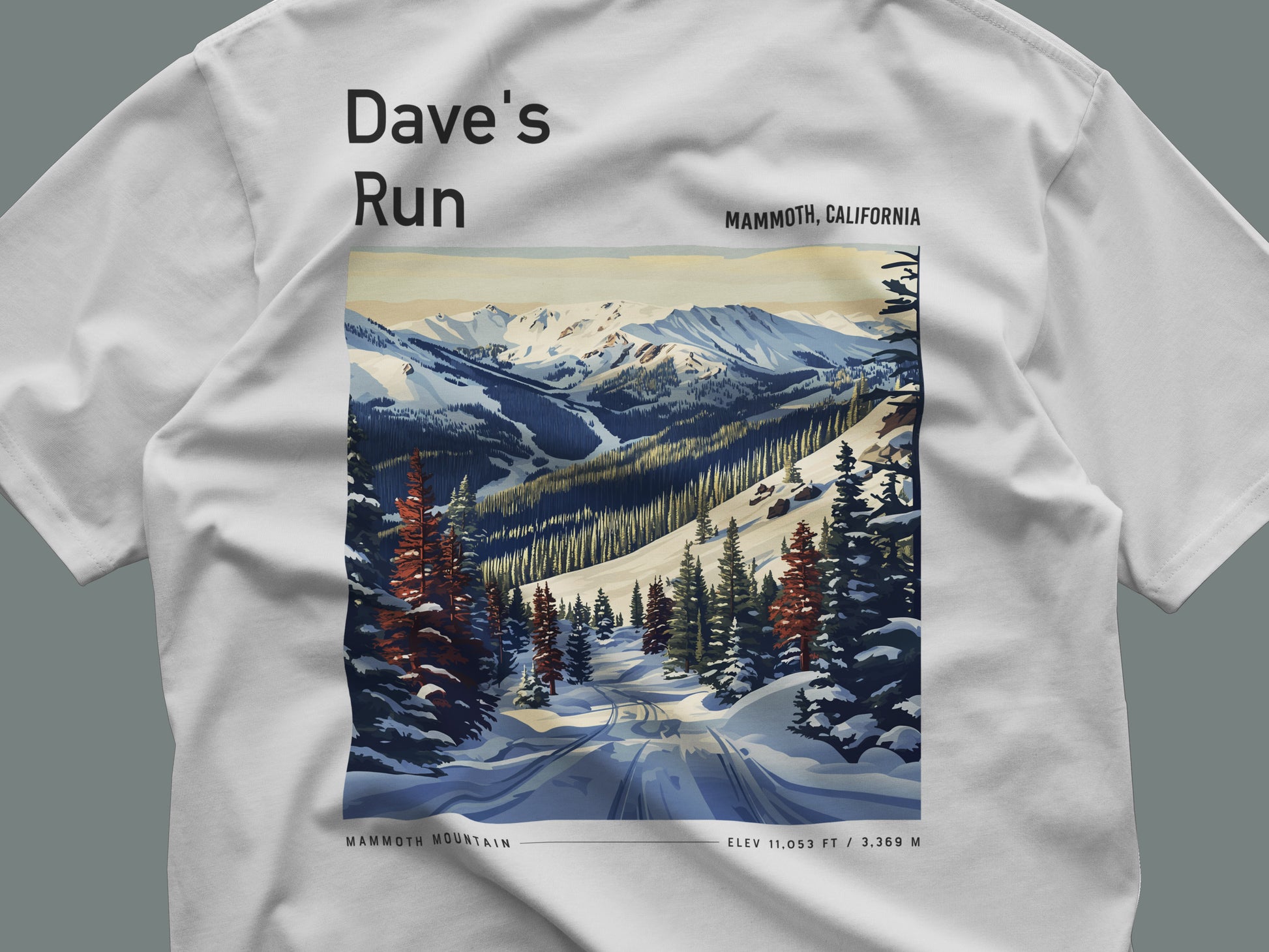 Dave's Run Ski T-Shirt | Mammoth Mountain Art Tee — close-up of the left-chest pocket print