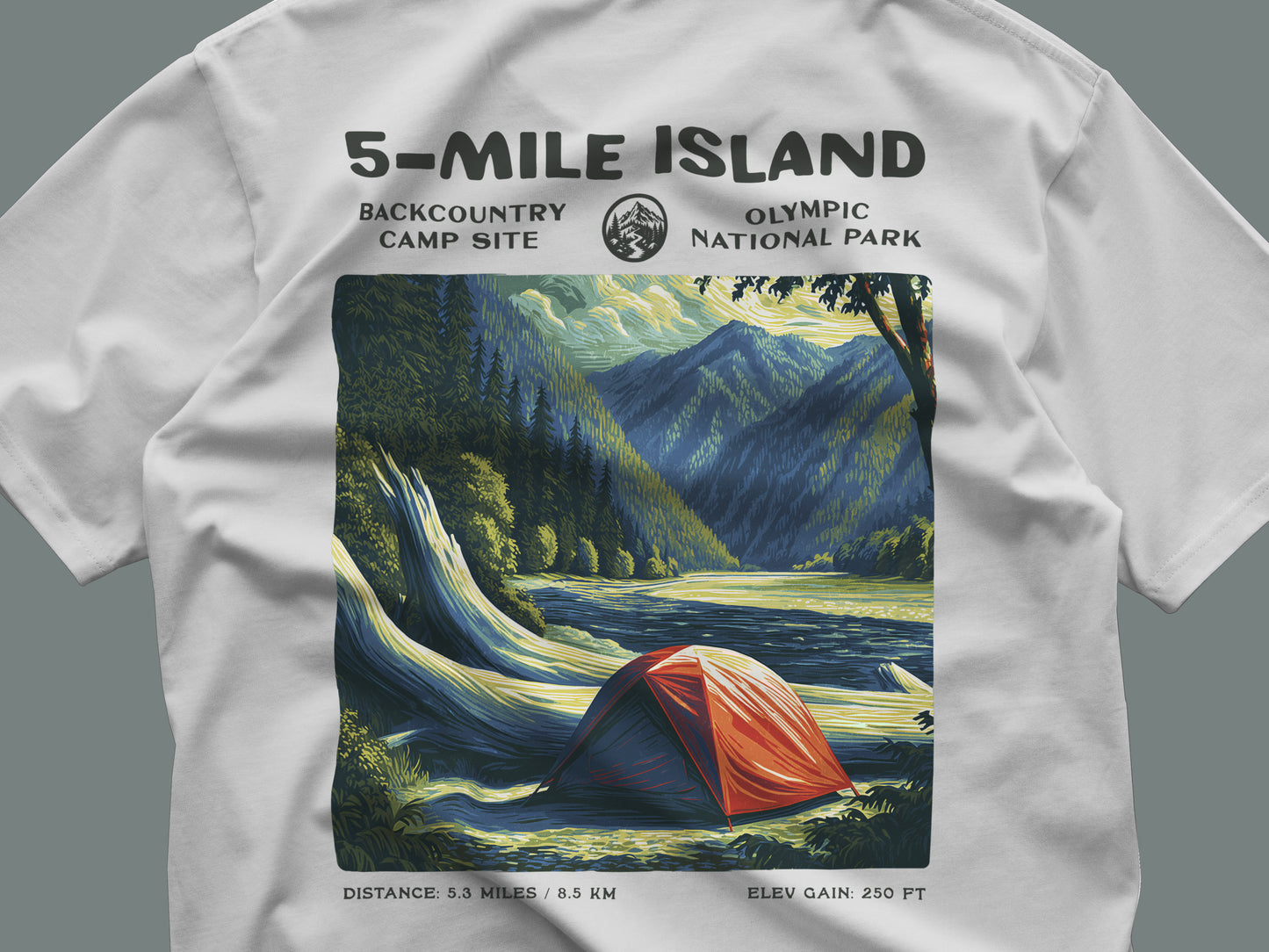 5-Mile Island Hiking T-Shirt | Hiker Gift | Olympic Peninsula Trail Tee — close-up of the left-chest pocket print