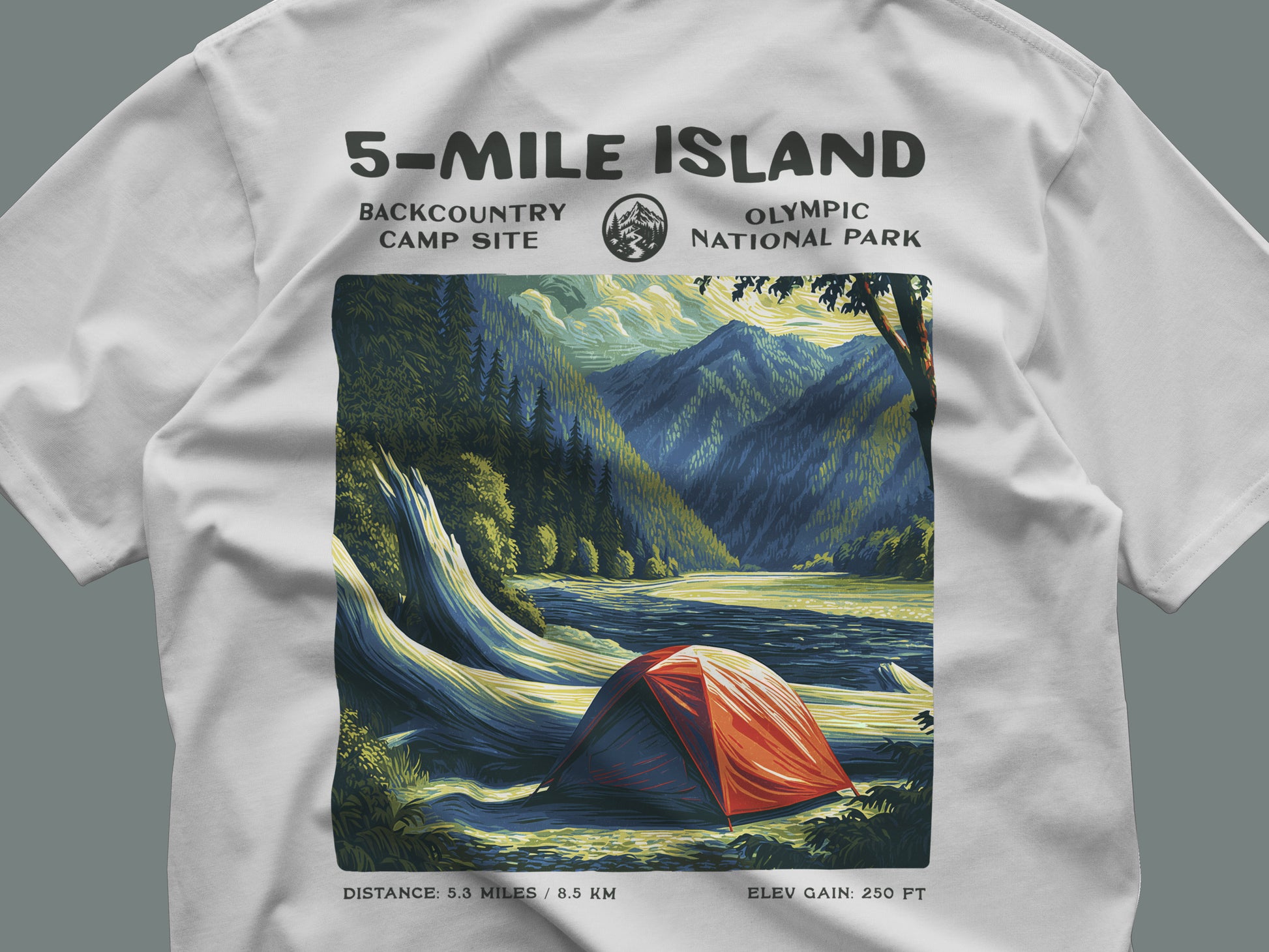 5-Mile Island Hiking T-Shirt | Hiker Gift | Olympic Peninsula Trail Tee — close-up of the left-chest pocket print