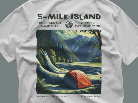 5-Mile Island Hiking T-Shirt | Hiker Gift | Olympic Peninsula Trail Tee — close-up of the left-chest pocket print