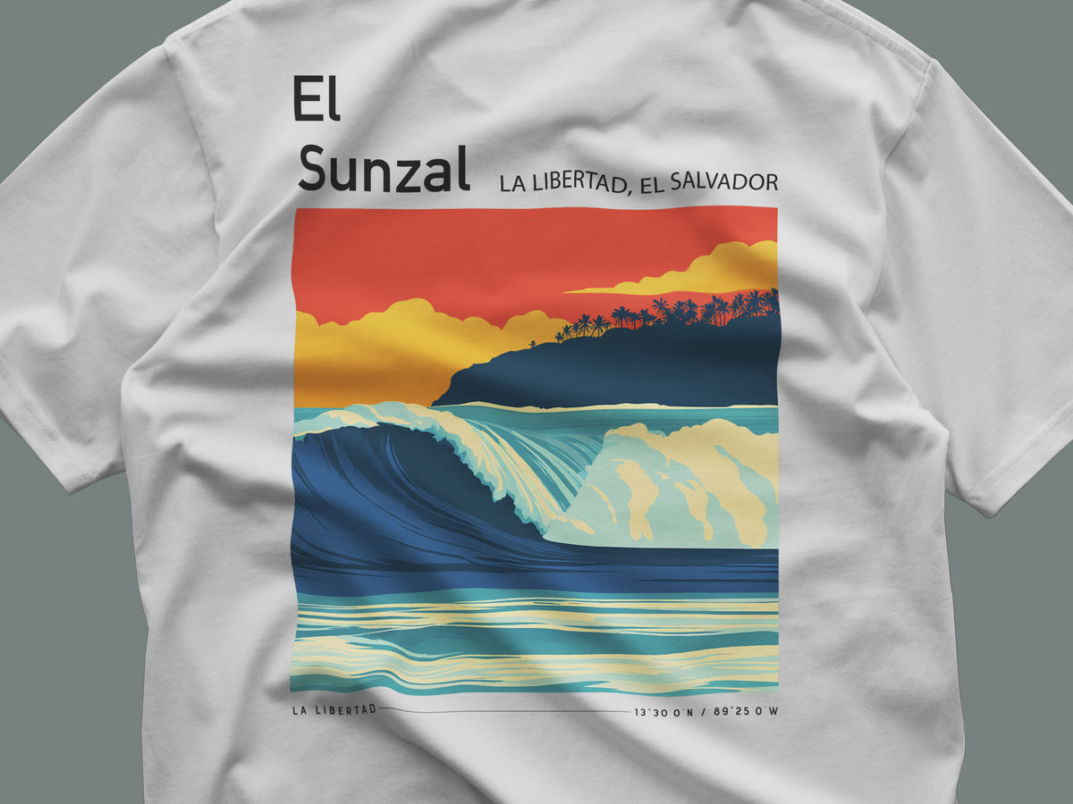 El Sunzal Surf T-Shirt | Central American Wave Art Tee — close-up of the left-chest pocket print